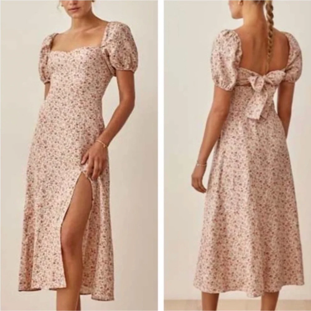 REFORMATION Denver Floral Print Linen Midi Dress Sz 2 cottagecore coquette boho - Picture 2 of 11